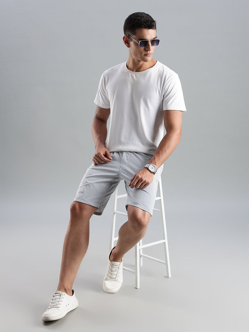Thomas Scott Men Blue Mid-Rise Regular Fit Striped Cotton Shorts