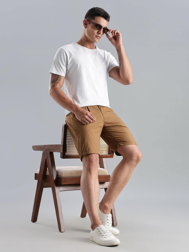 Thomas Scott Men Khaki Mid-Rise Regular Fit Solid Cotton Shorts