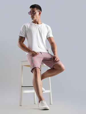 Thomas Scott Men Red Mid-Rise Regular Fit Gingham Checks Cotton Shorts