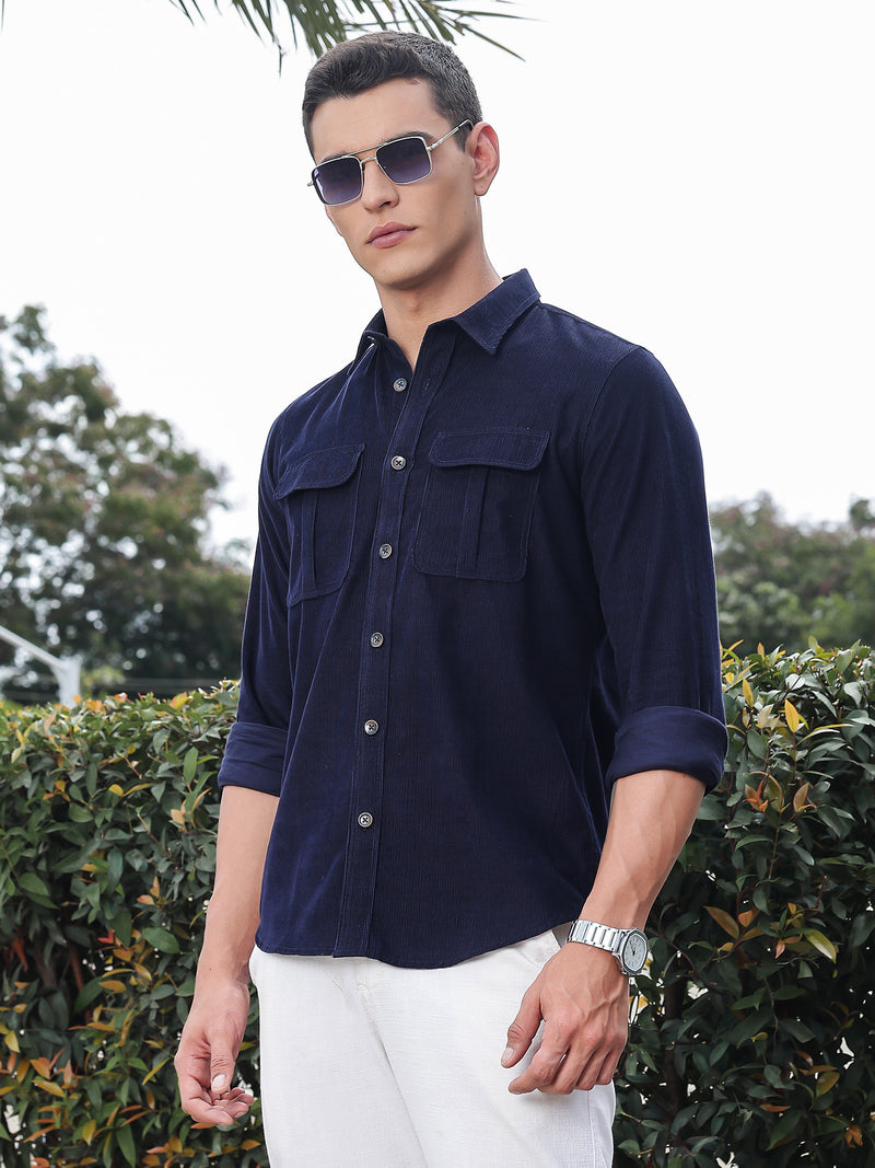 Thomas Scott Men Navy Slim Fit Long Sleeves Corduroy Casual Shirt