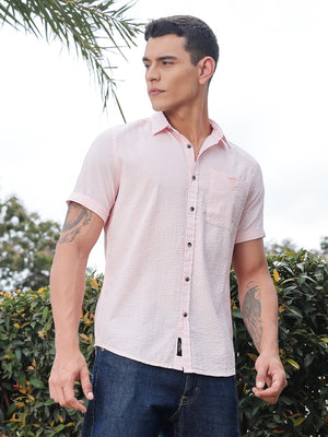 Thomas Scott Men Pink Slim Fit Short Sleeves Spread Collar Seer Sucker Casual Shirt