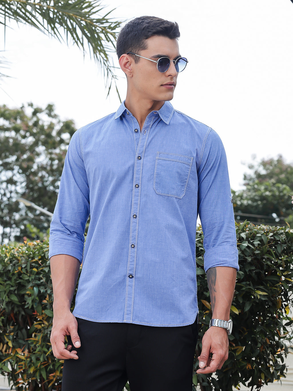 Thomas Scott Men Blue Slim Fit Long Sleeves Spread Collar Filafil Casual Shirt