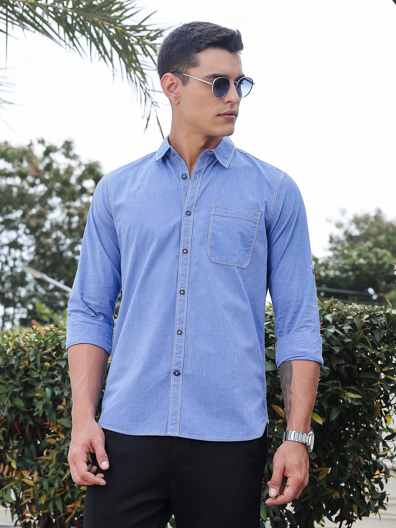 Thomas Scott Men Blue Slim Fit Long Sleeves Spread Collar Filafil Casual Shirt
