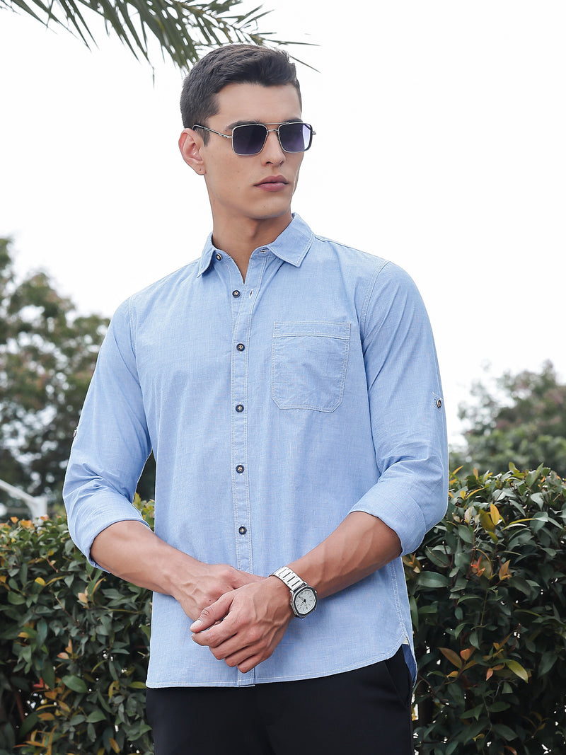 Thomas Scott Men Mid Blue Slim Fit Long Sleeves Spread Collar Filafil Casual Shirt