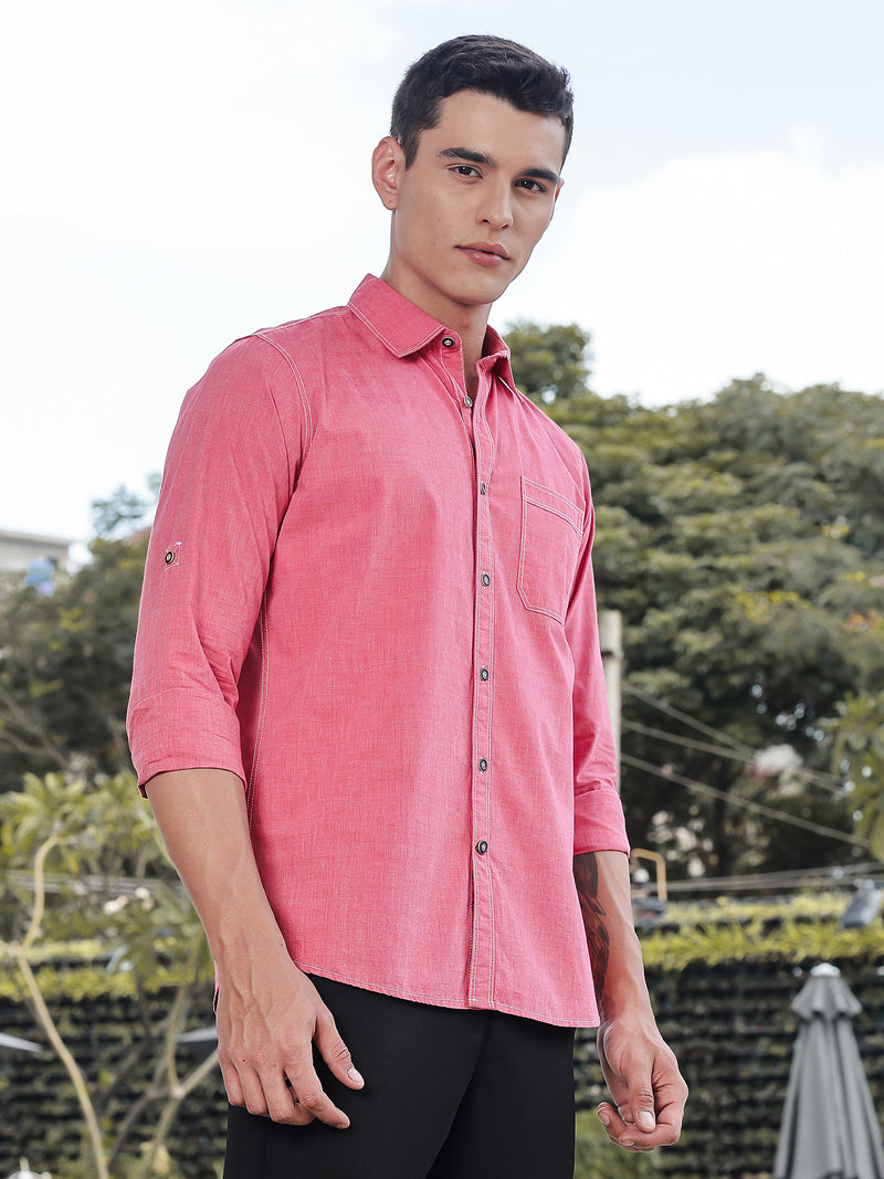 Thomas Scott Men Red Slim Fit Long Sleeves Spread Collar Filafil Casual Shirt