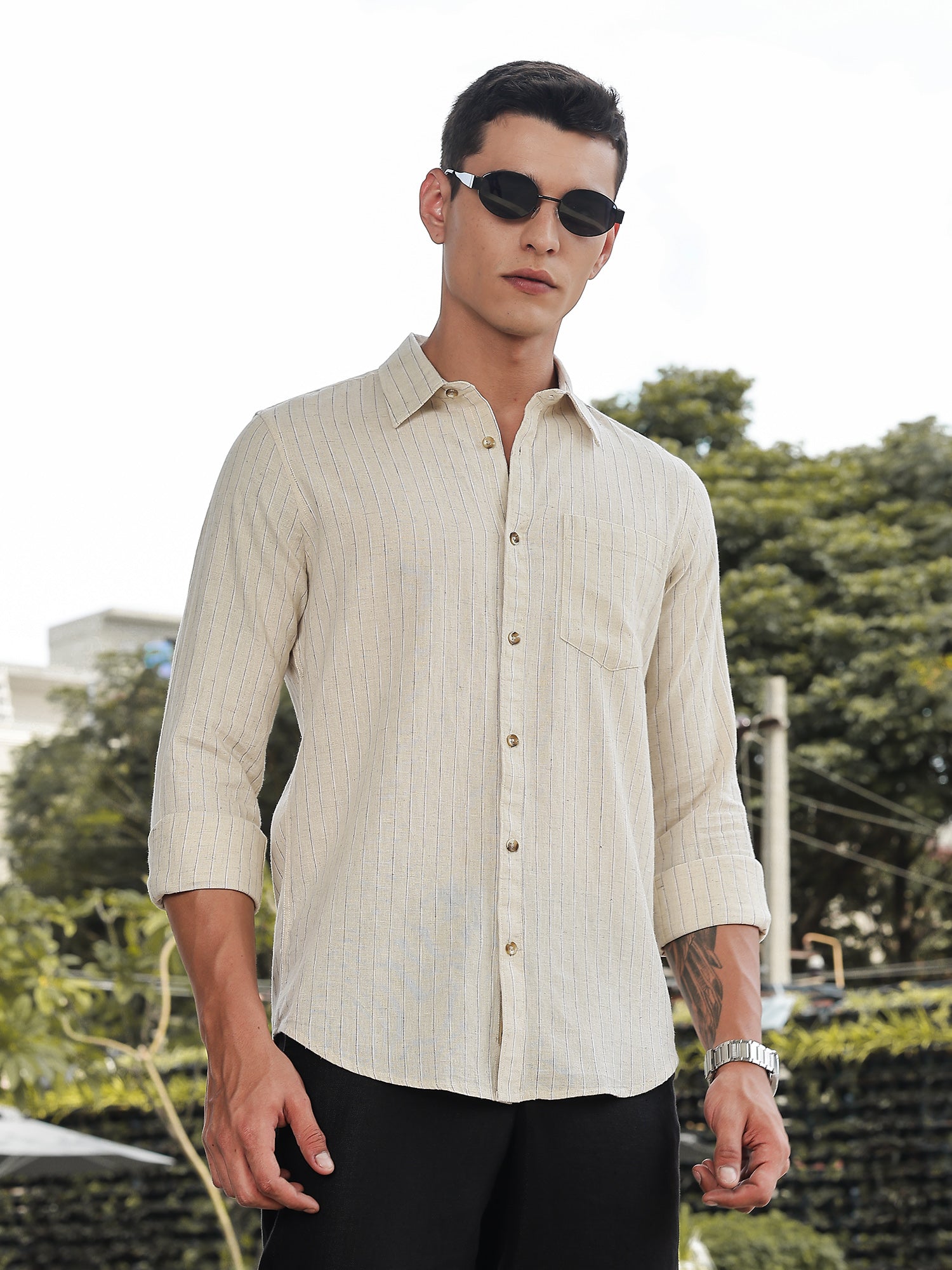 Thomas Scott Men Beige Slim Fit Long Sleeves Vertical Stripes Linen Casual Shirt
