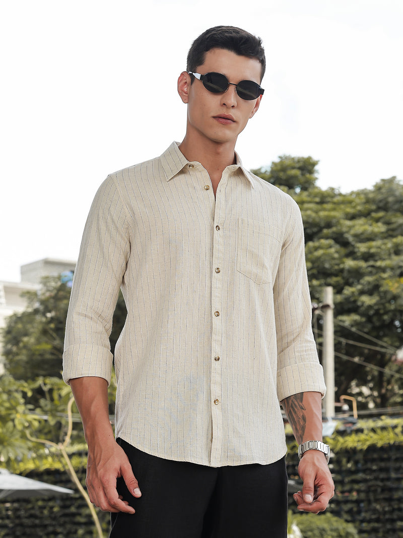 Thomas Scott Men Beige Slim Fit Long Sleeves Vertical Stripes Linen Casual Shirt