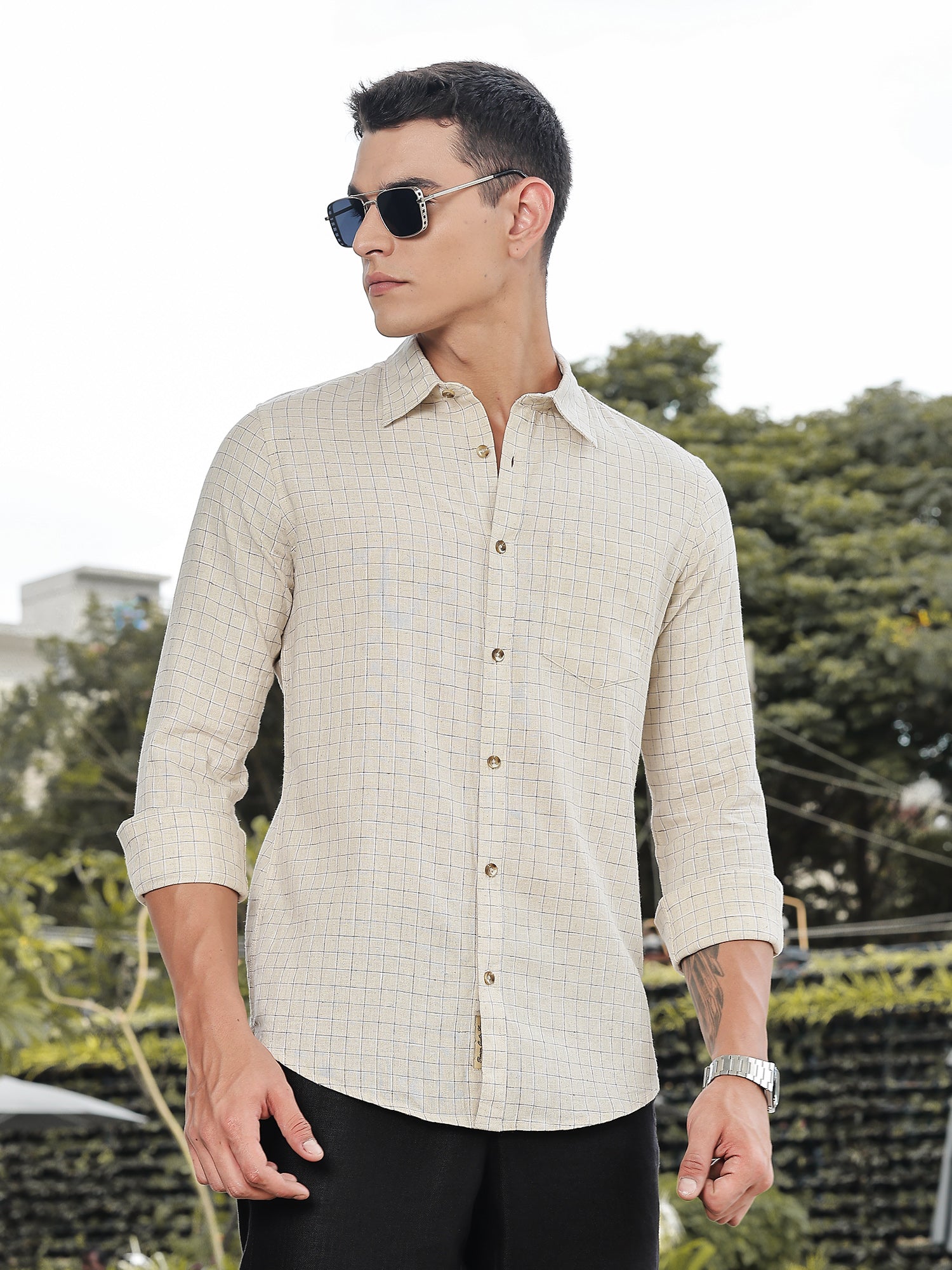 Thomas Scott Men Khaki Slim Fit Long Sleeves Windowpane Checks Linen Casual Shirt
