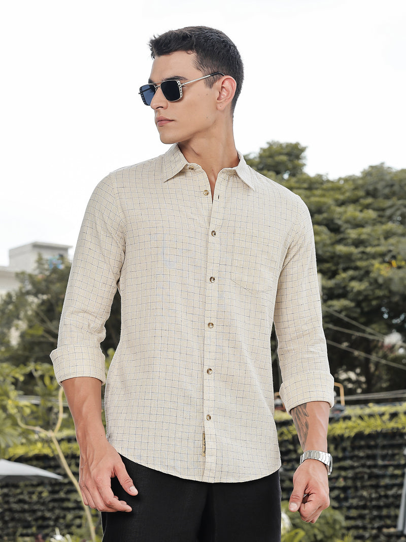 Thomas Scott Men Khaki Slim Fit Long Sleeves Windowpane Checks Linen Casual Shirt