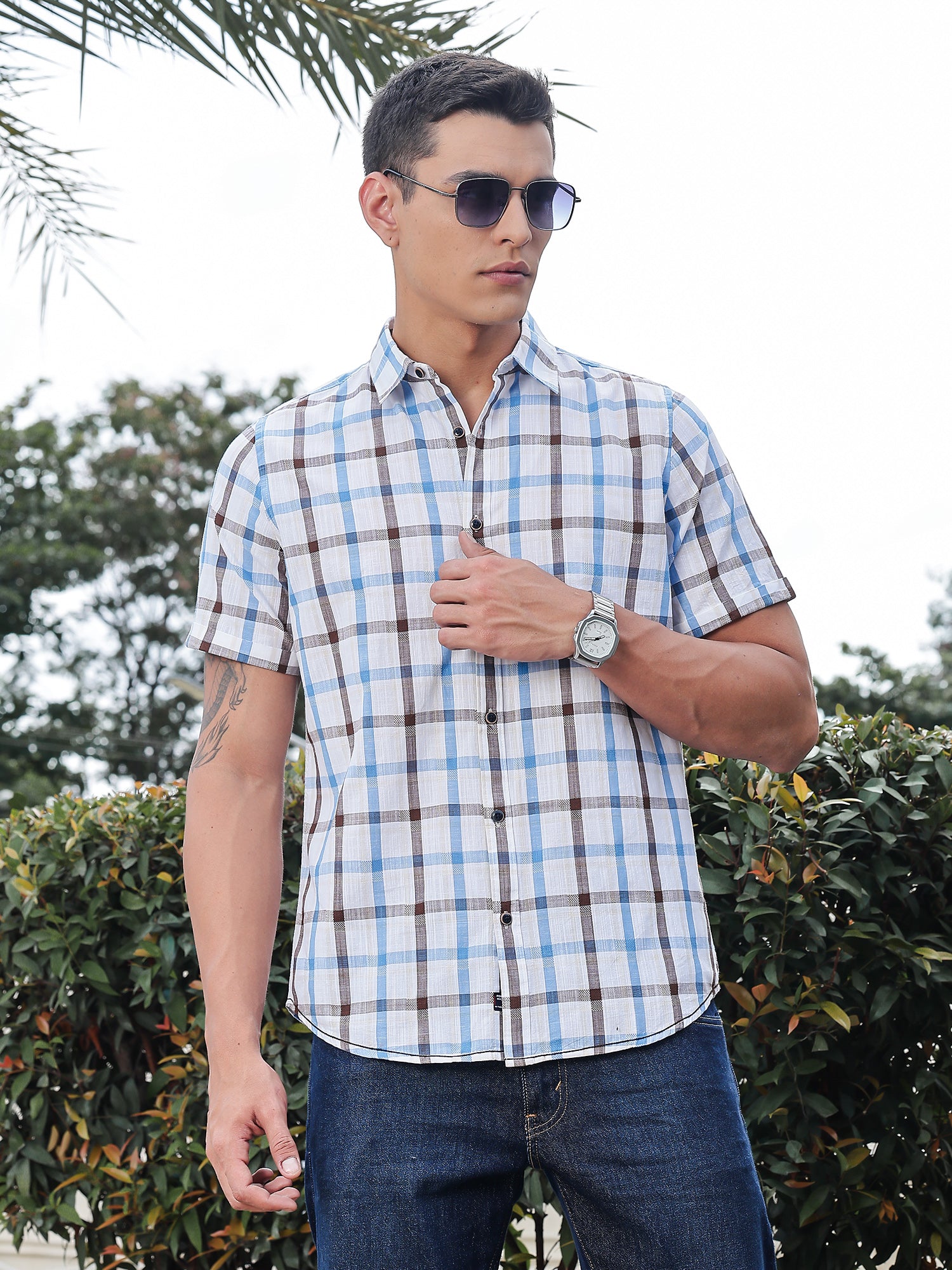 Thomas Scott Men Blue Slim Fit Short Sleeves Spread Collar Tartan Checks Casual Shirt