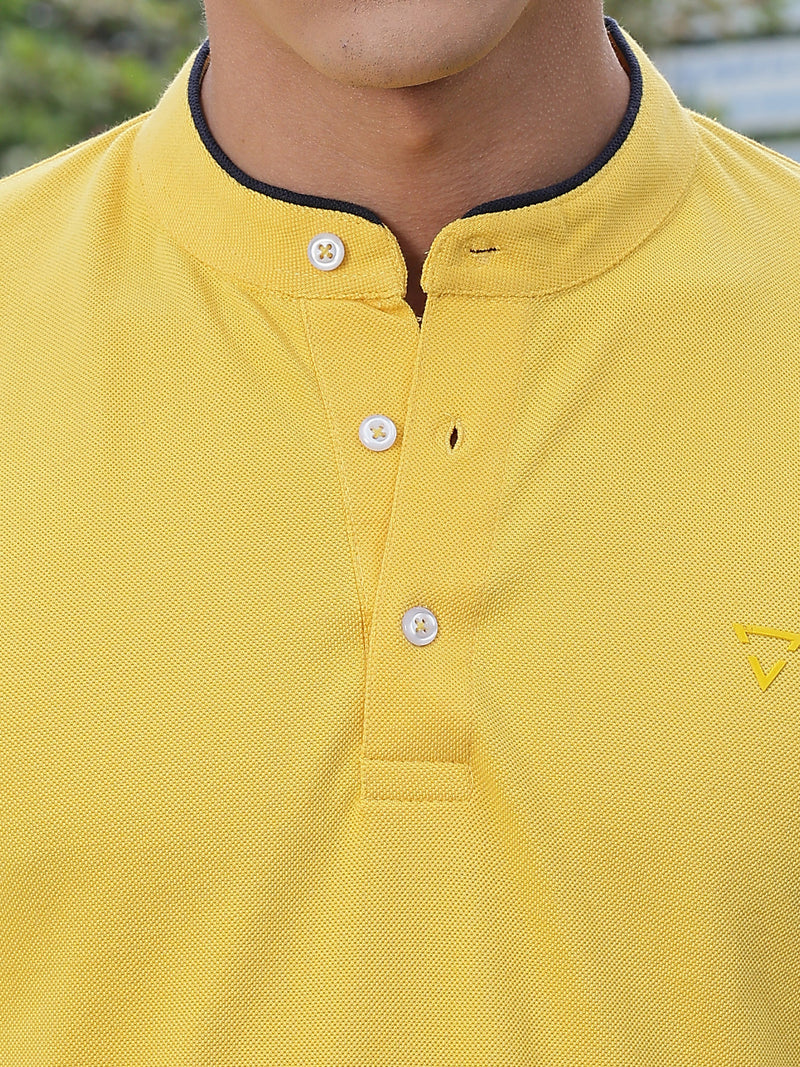 Thomas Scott Men Yellow Regular Fit Short Sleeves Mandarin Collar Knitted Tshirt