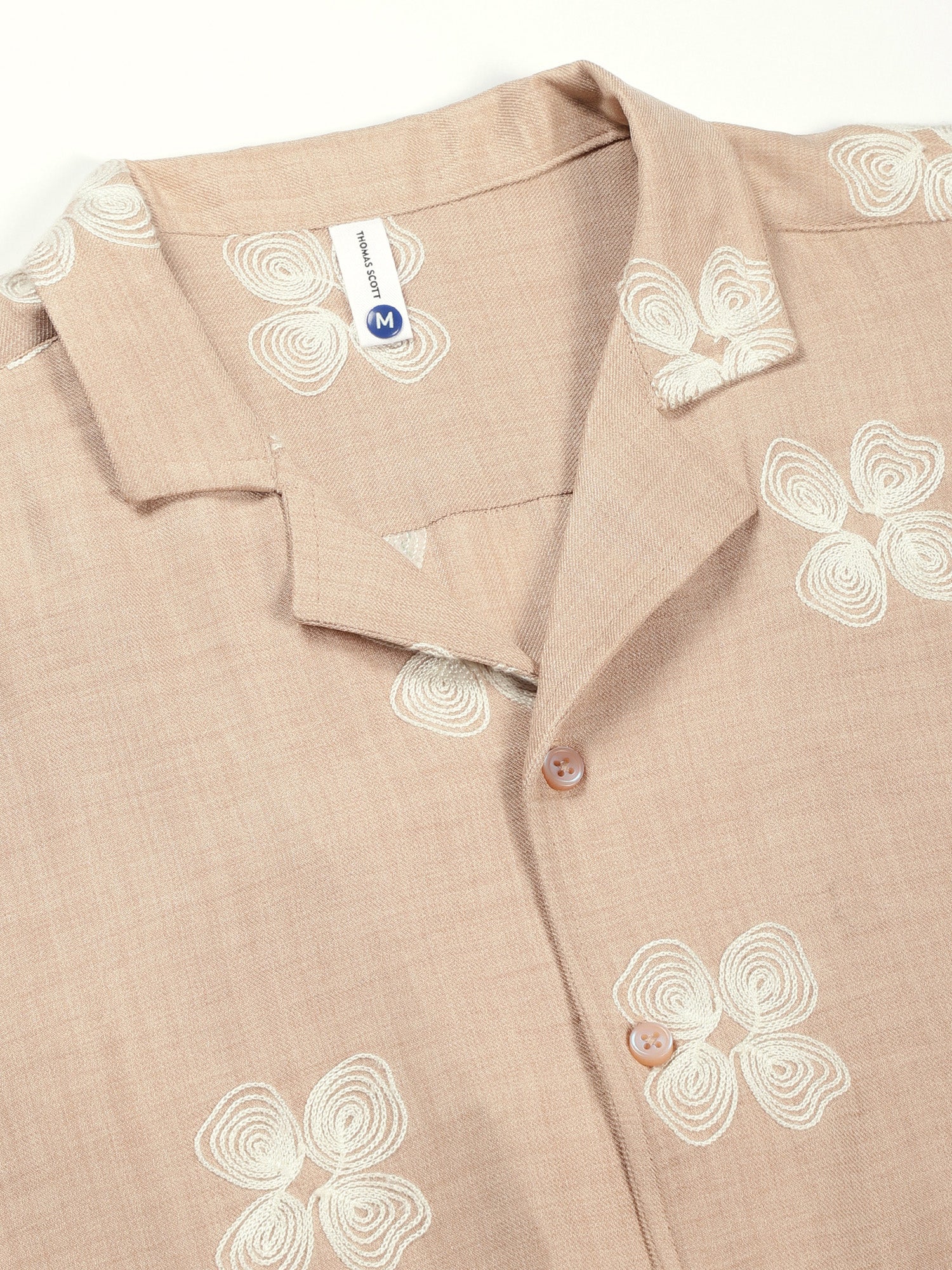 Thomas Scott Men Beige Regular Fit Short Sleeves Cuban Collar Embroidered Shirt
