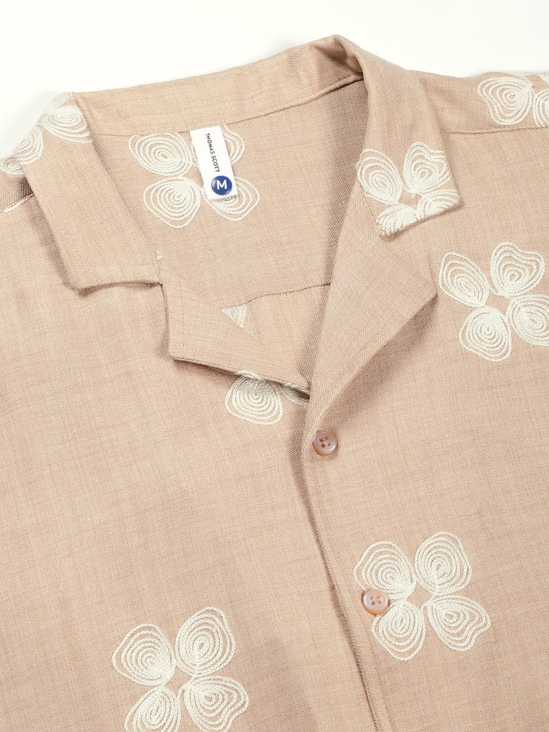 Thomas Scott Men Beige Regular Fit Short Sleeves Cuban Collar Embroidered Shirt