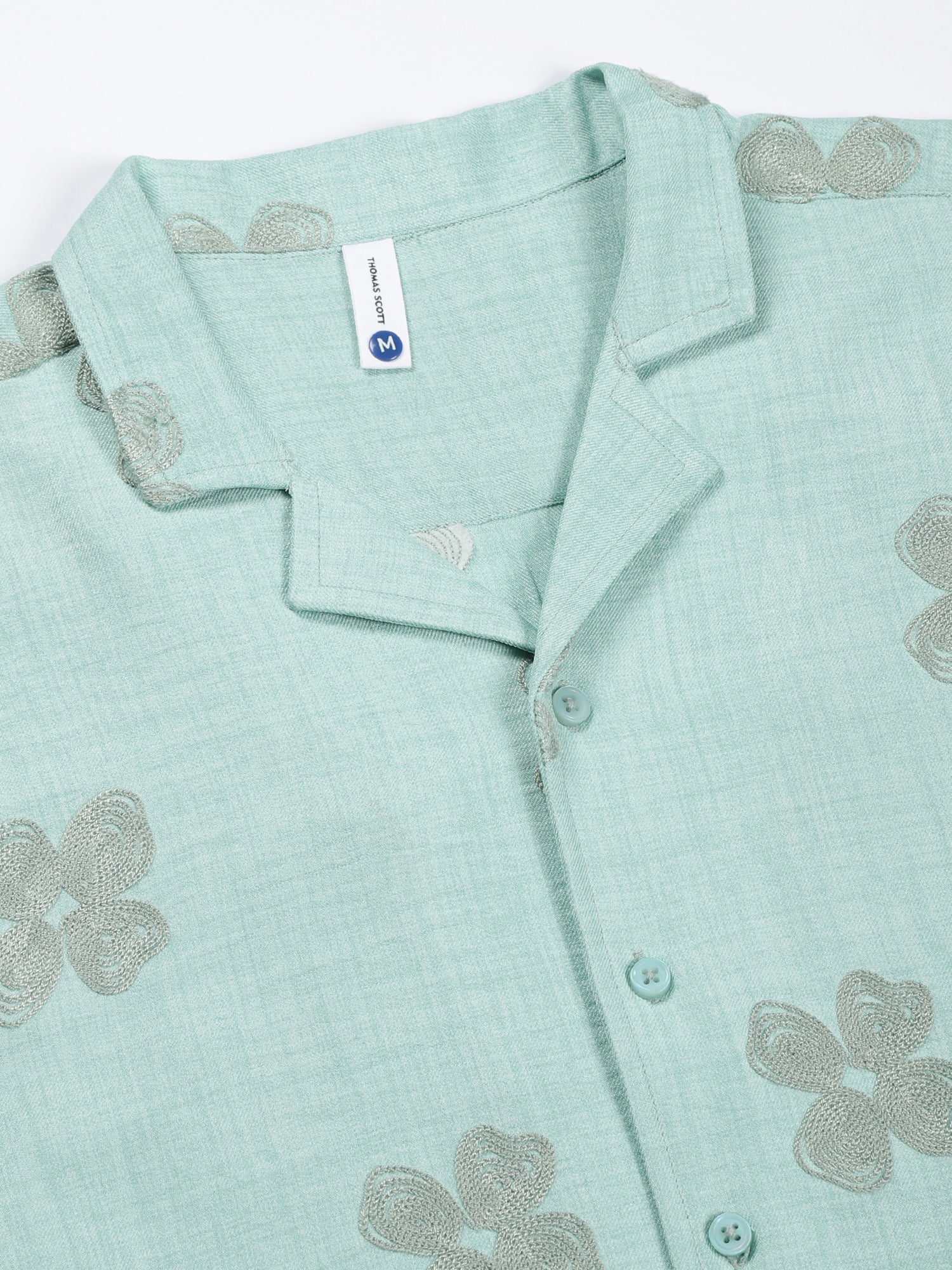 Thomas Scott Men Sky Blue Regular Fit Short Sleeves Cuban Collar Embroidered Shirt