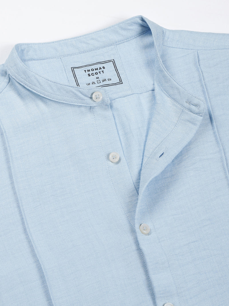 Thomas Scott Men Light Blue Slim Fit Long Sleeves Mandarin Collar Textured Casual Shirt