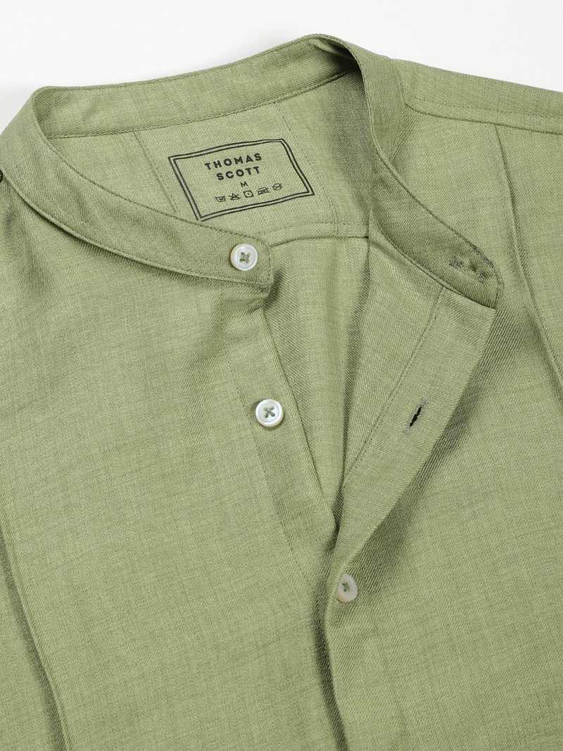 Thomas Scott Men Light Green Slim Fit Long Sleeves Mandarin Collar Textured Casual Shirt