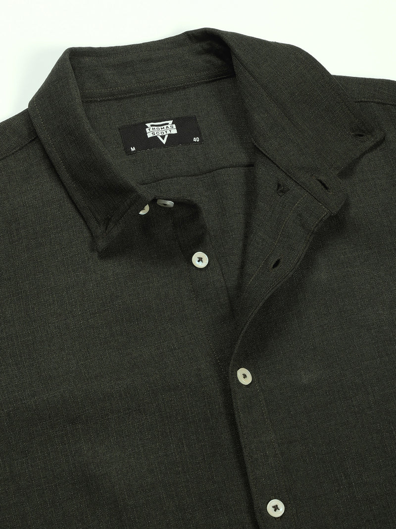 Thomas Scott Men Bottle Green Slim Fit Long Sleeves Button-Down Collar Polyester Casual Shirt
