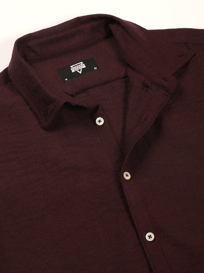 Thomas Scott Men Wine Slim Fit Long Sleeves Button-Down Collar Polyester Casual Shirt