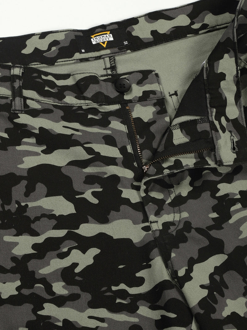 Thomas Scott Men Olive Regular Fit Mid Rise Camouflage Cargo Shorts