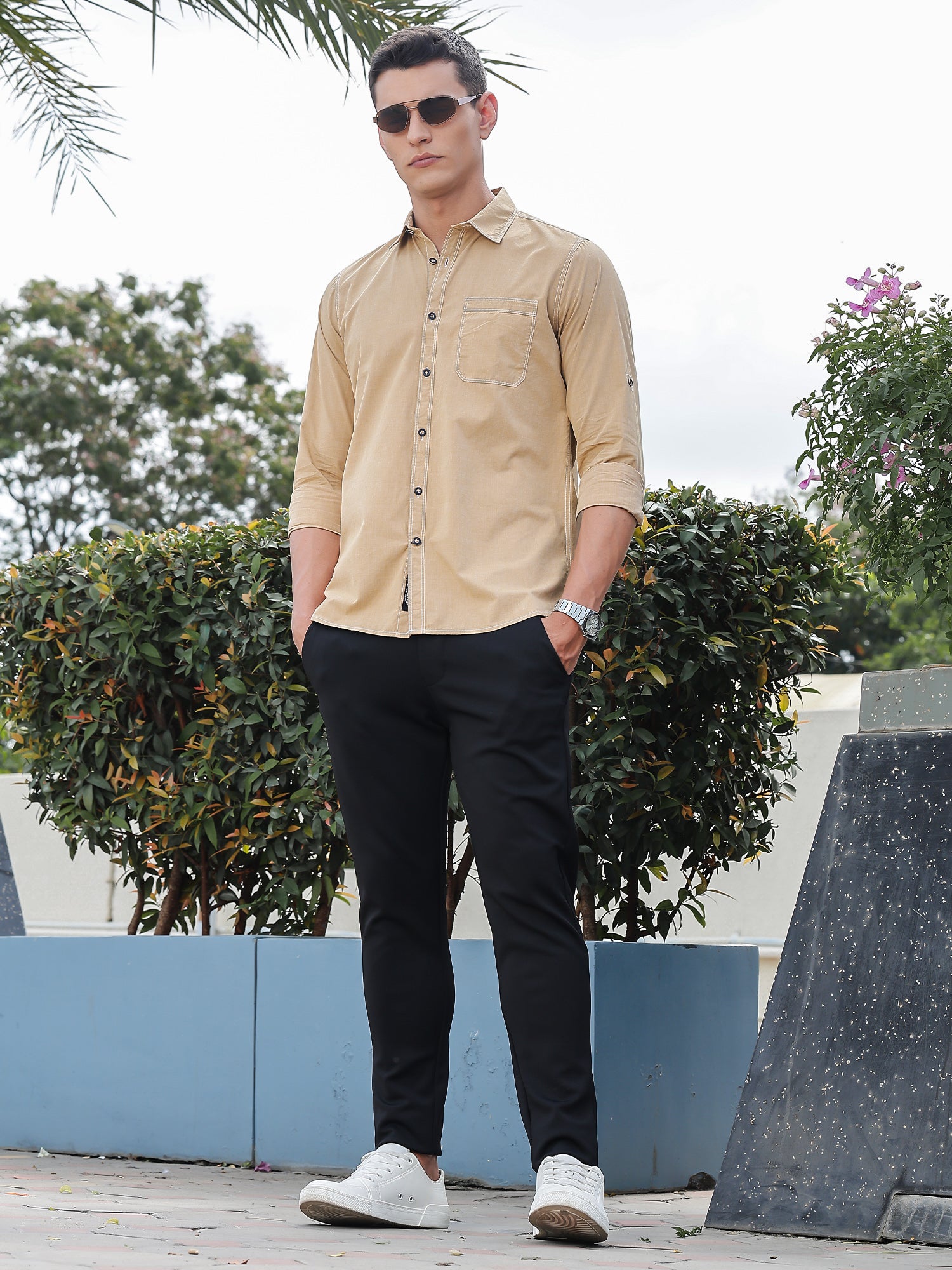 Thomas Scott Men Khaki Slim Fit Long Sleeves Spread Collar Filafil Casual Shirt