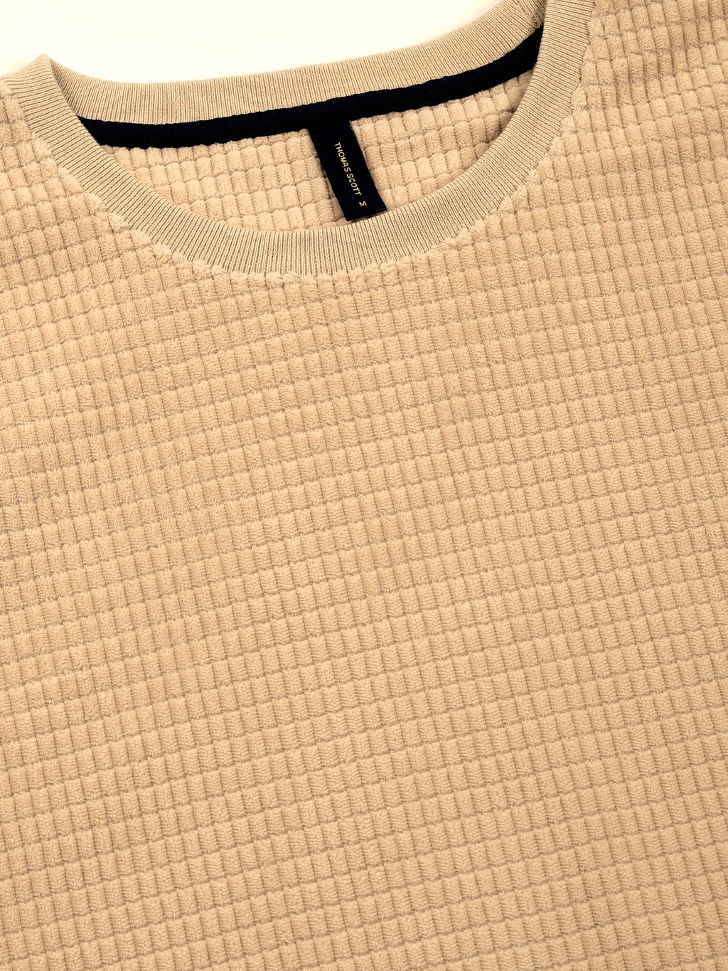 Thomas Scott Men Beige Towel Terry Oversized Short Sleeves Round Neck Solid Knitted Tshirt