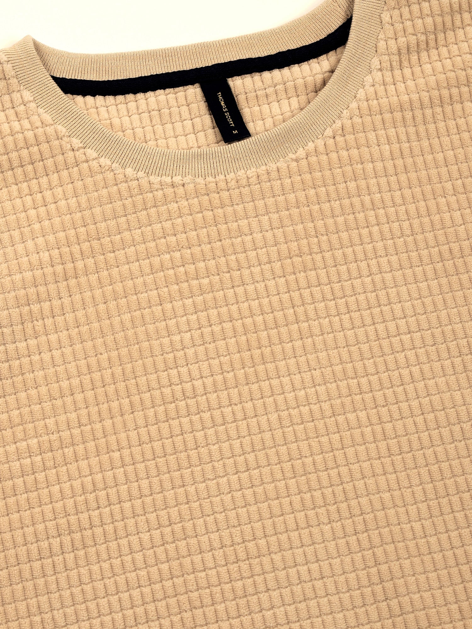 Thomas Scott Men Beige Towel Terry Oversized Short Sleeves Round Neck Solid Knitted Tshirt