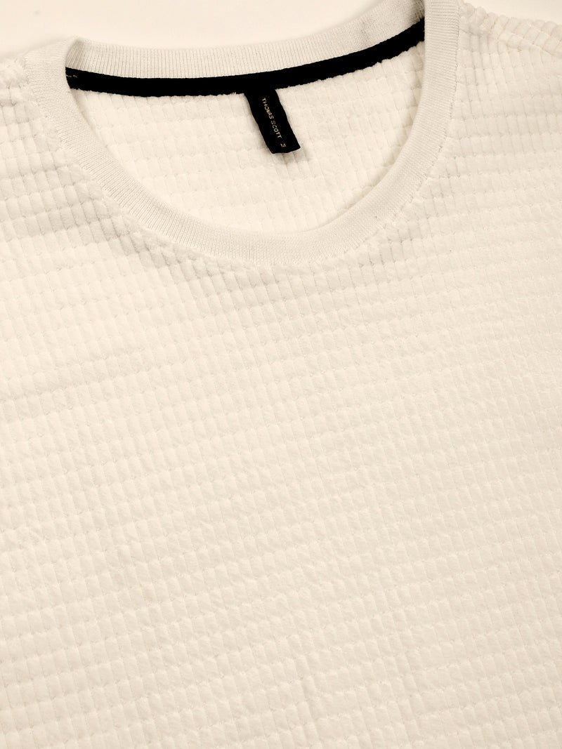 Thomas Scott Men White Towel Terry Oversized Short Sleeves Round Neck Solid Knitted Tshirt