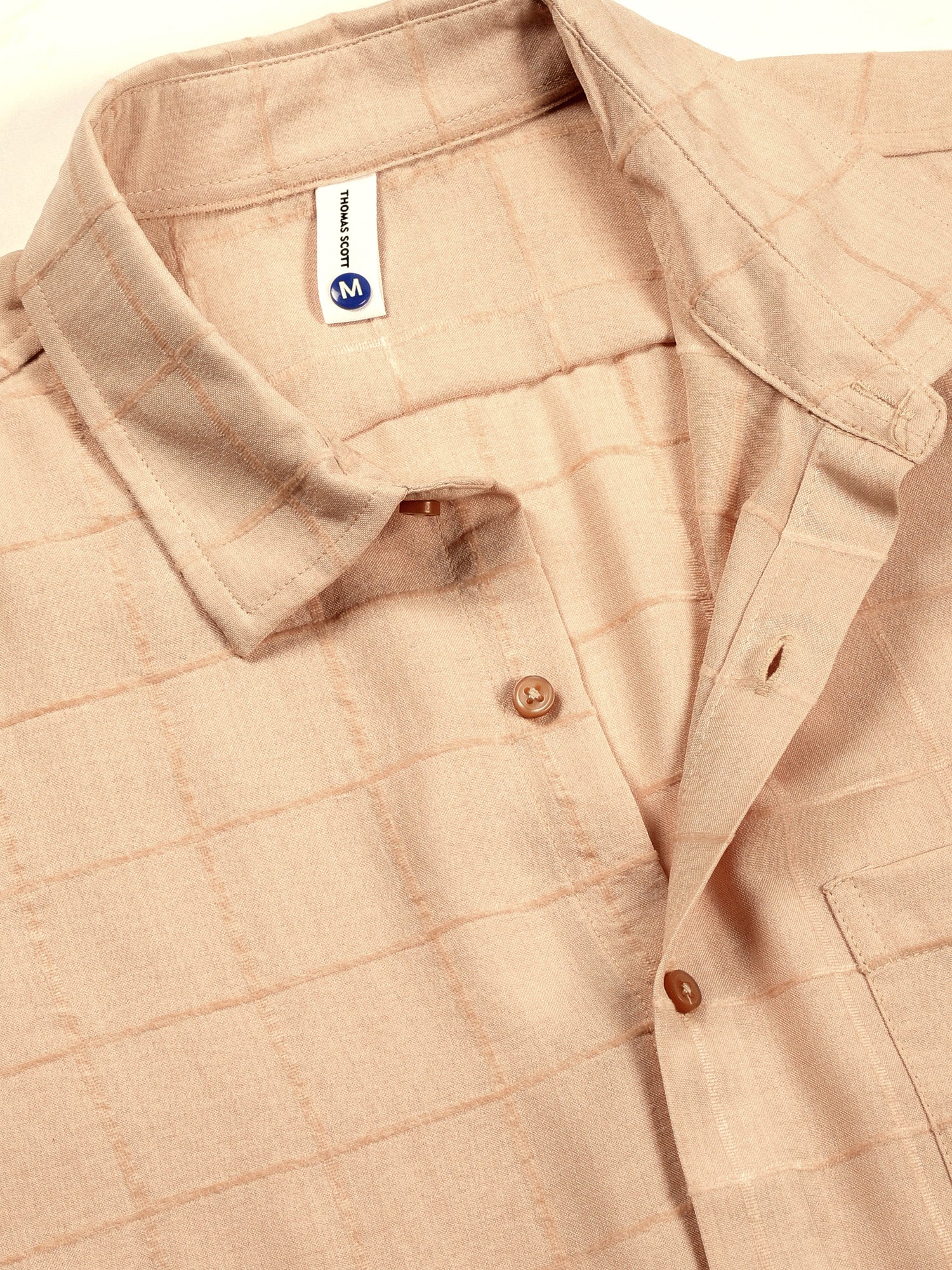 Thomas Scott Men Beige Regular Fit Long Sleeves Spread Collar Windowpane Checks Casual Shirt