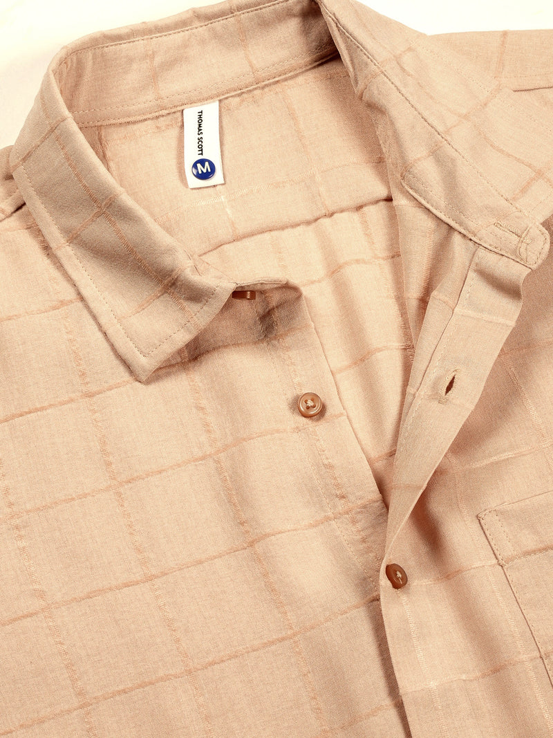 Thomas Scott Men Beige Regular Fit Long Sleeves Spread Collar Windowpane Checks Casual Shirt
