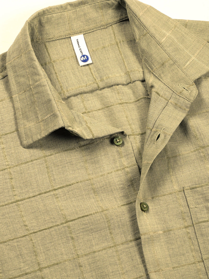 Thomas Scott Men Green Regular Fit Long Sleeves Spread Collar Windowpane Checks Casual Shirt