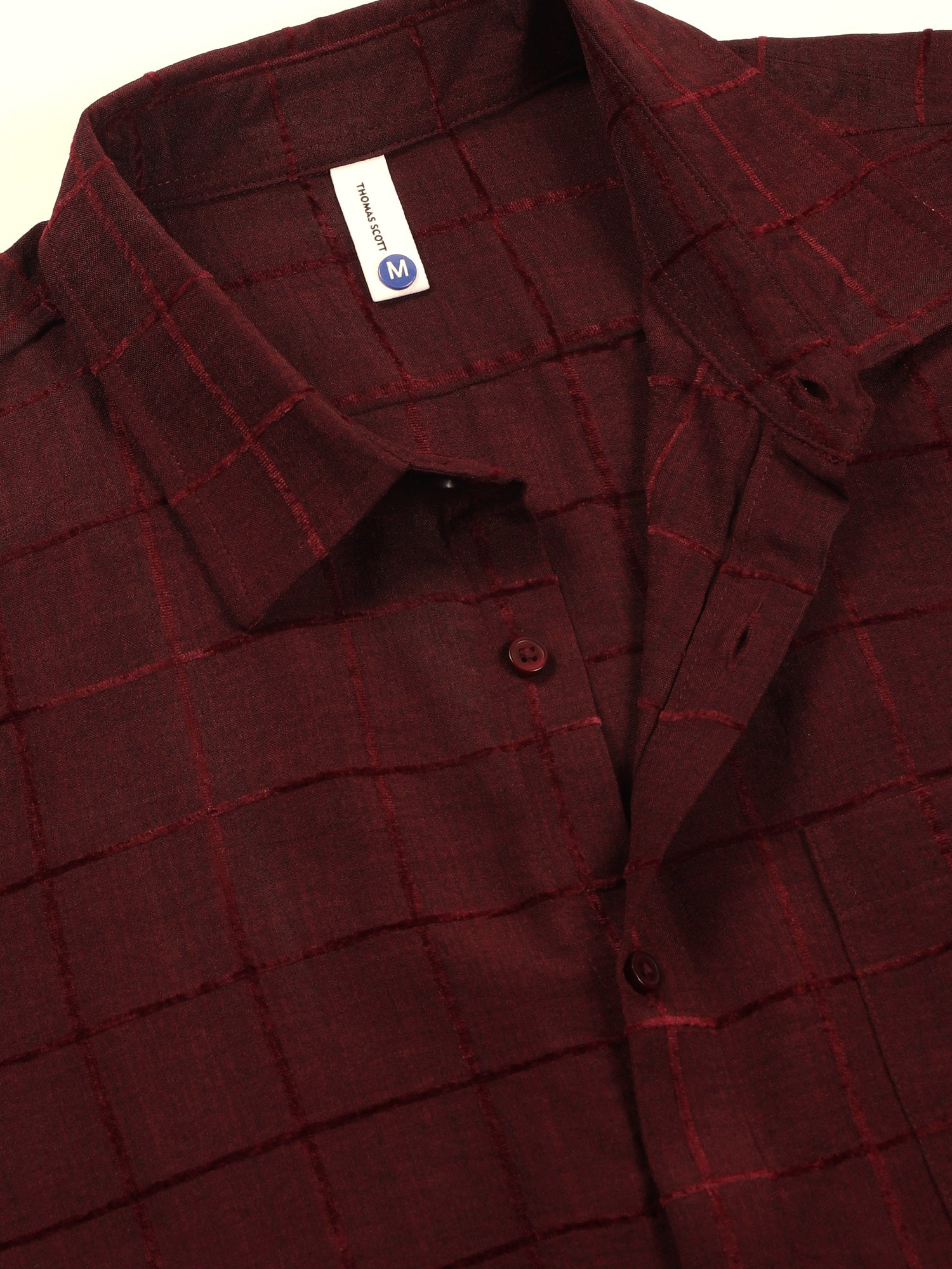 Thomas Scott Men Maroon Regular Fit Long Sleeves Spread Collar Windowpane Checks Casual Shirt