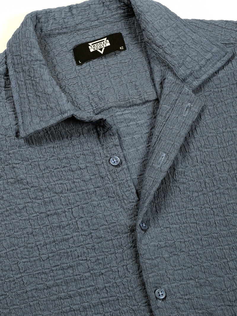 Thomas Scott Men Blue Regular Fit Short Sleeves Cuban Collar Seersucker Shirt