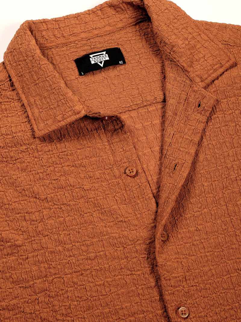Thomas Scott Men Brown Regular Fit Short Sleeves Cuban Collar Seersucker Shirt