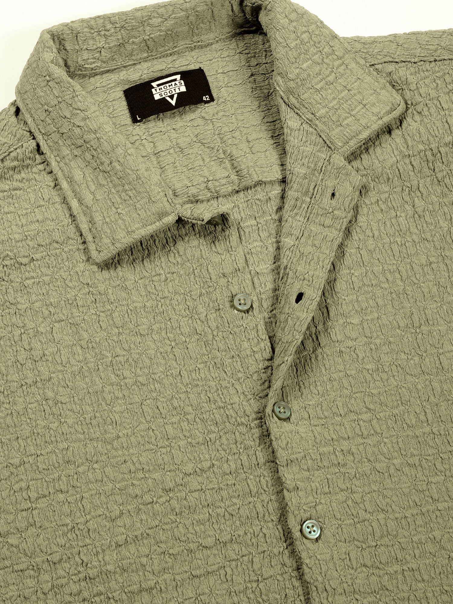 Thomas Scott Men Green Regular Fit Short Sleeves Cuban Collar Seersucker Shirt