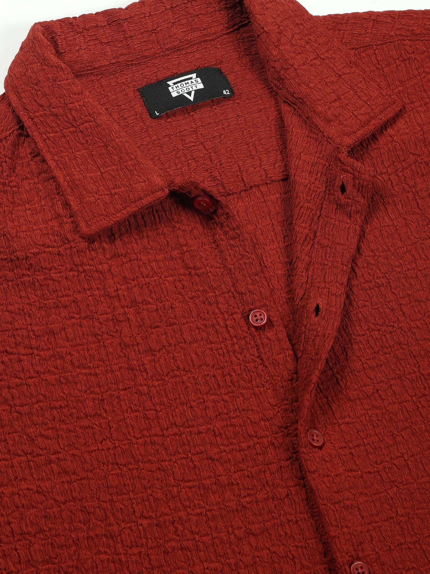 Thomas Scott Men Rust Regular Fit Short Sleeves Cuban Collar Seersucker Shirt