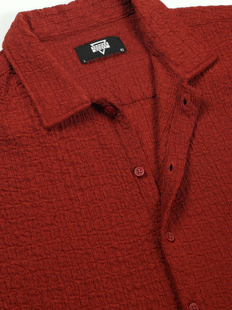Thomas Scott Men Rust Regular Fit Short Sleeves Cuban Collar Seersucker Shirt