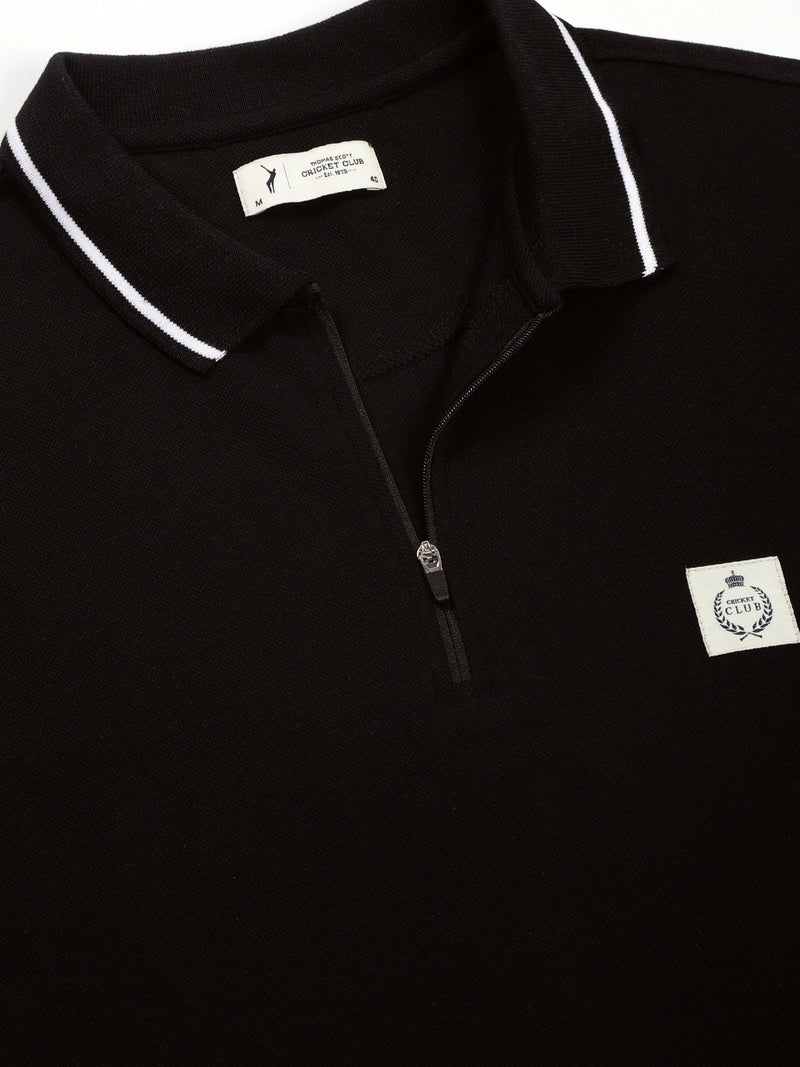 Thomas Scott Men Black Regular Fit Short Sleeves Knitted Polo Collar T-shirt