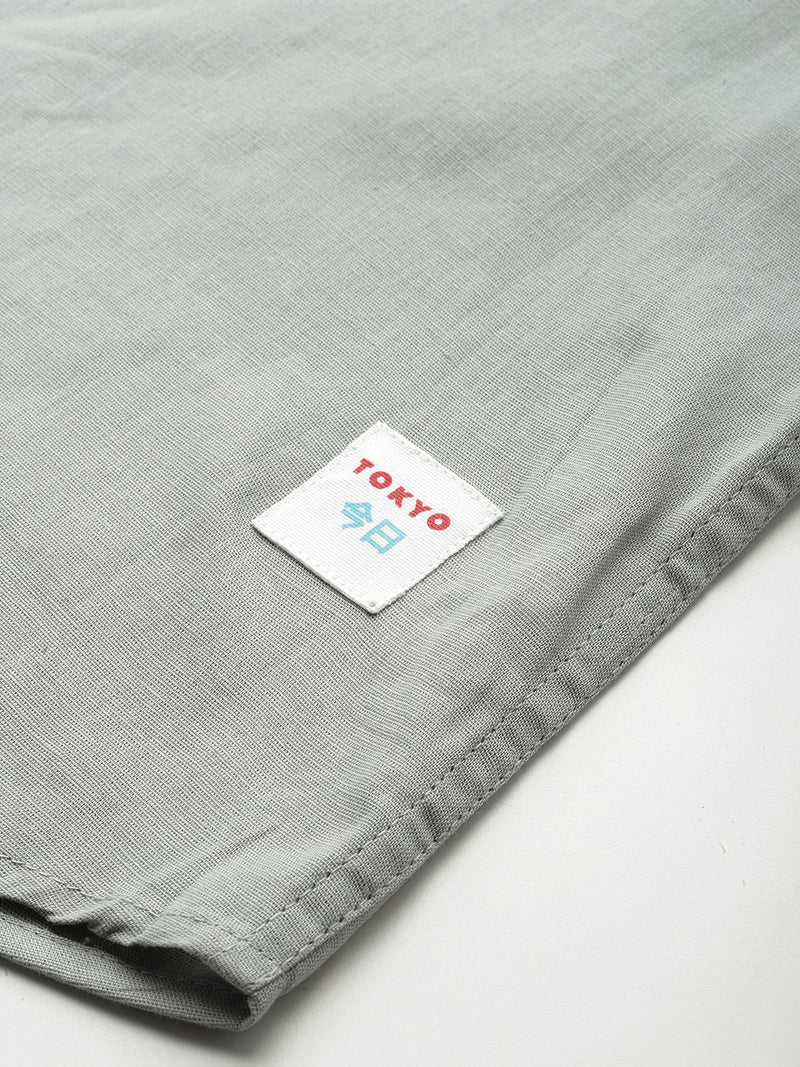 Thomas Scott Men Grey Premium Plus Size Regular Fit Long Sleeves Band Collar Solid Cotton Linen Casual Shirt