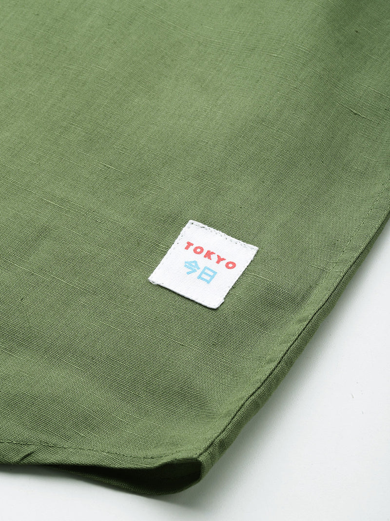 Thomas Scott Men Olive Premium Plus Size Regular Fit Long Sleeves Band Collar Solid Cotton Linen Casual Shirt
