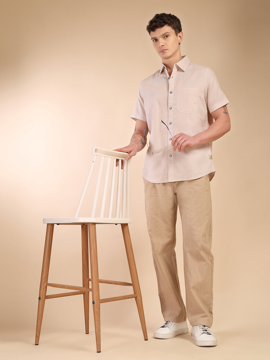 Thomas Scott Men Beige Regular Fit Short Sleeves Spread Collar Linen Casual Shirt