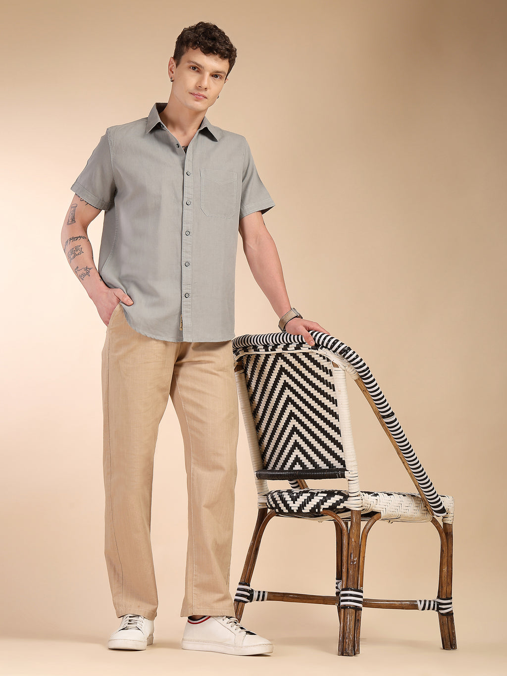Thomas Scott Men Grey Regular Fit Short Sleeves Spread Collar Linen Casual Shirt