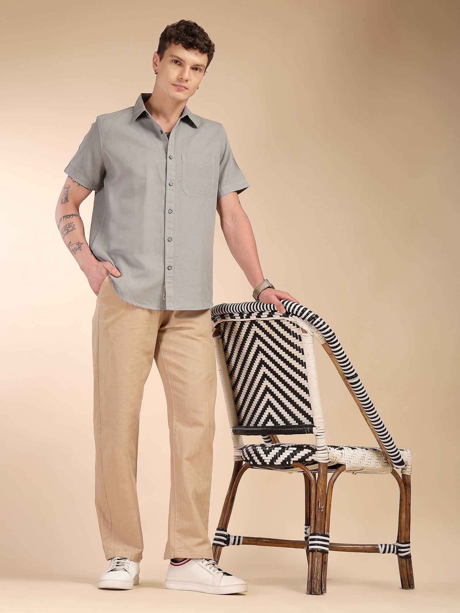 Thomas Scott Men Grey Regular Fit Short Sleeves Spread Collar Linen Casual Shirt