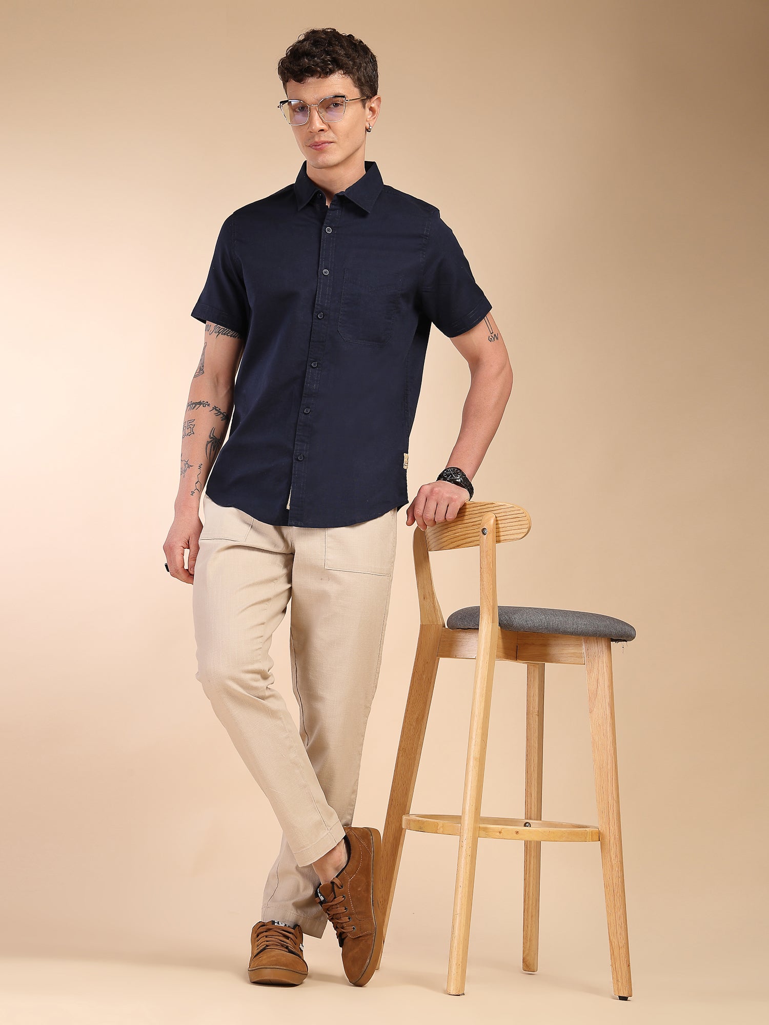 Thomas Scott Men Navy Regular Fit Short Sleeves Spread Collar Linen Casual Shirt