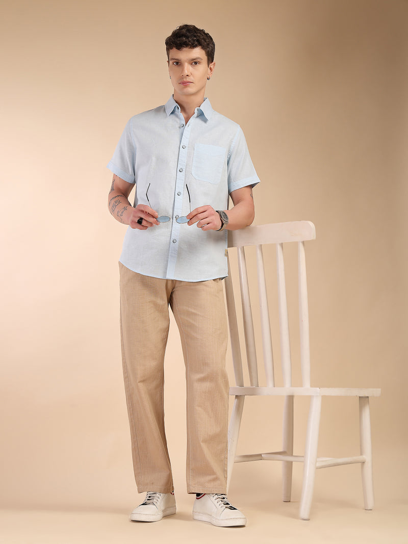 Thomas Scott Men Sky Blue Regular Fit Short Sleeves Spread Collar Linen Casual Shirt