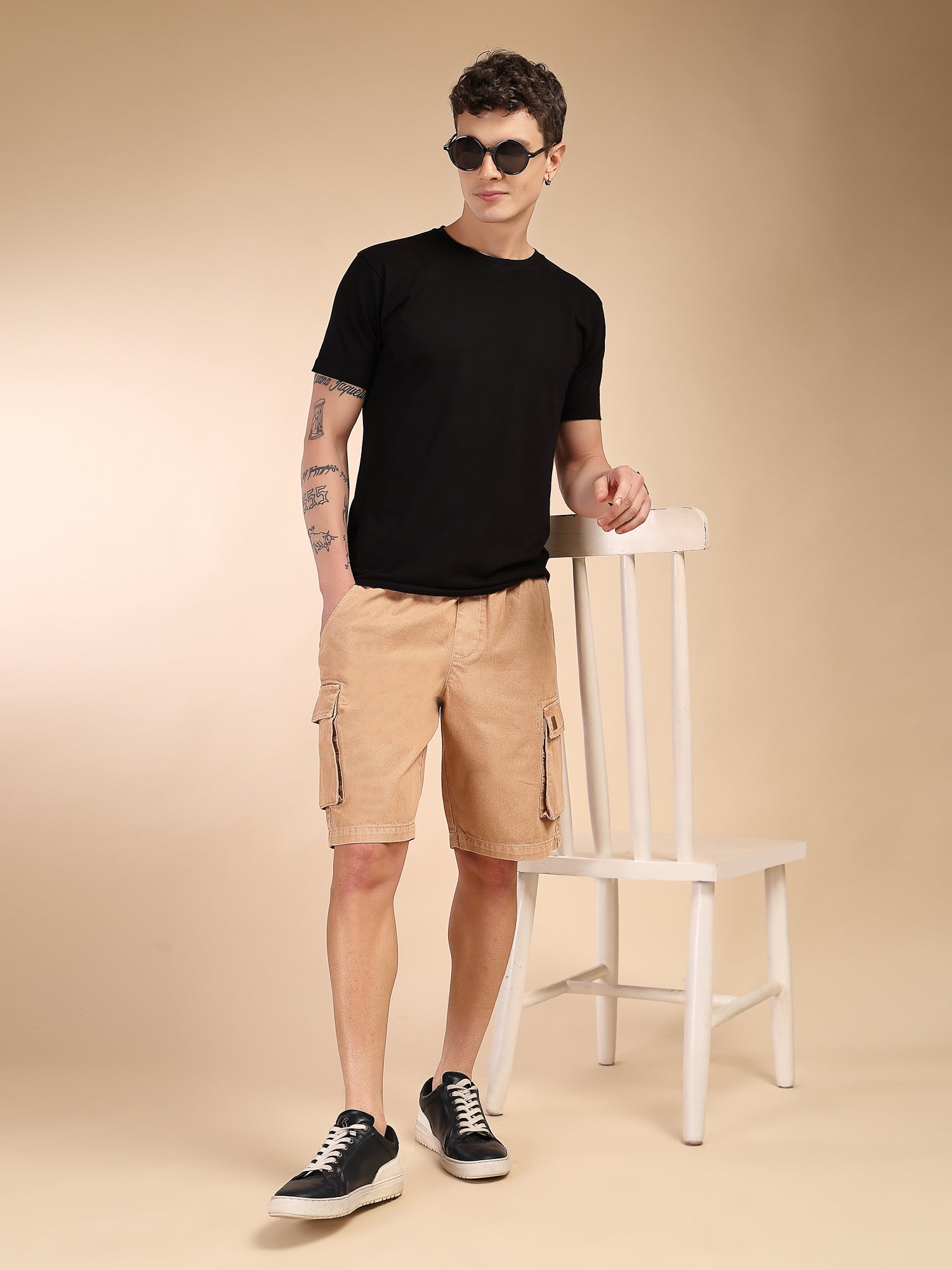 Thomas Scott Men Fawn Mid-Rise Straight Fit Above Knee Cotton Woven Cargo Shorts