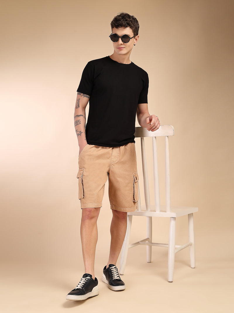 Thomas Scott Men Fawn Mid-Rise Straight Fit Above Knee Cotton Woven Cargo Shorts