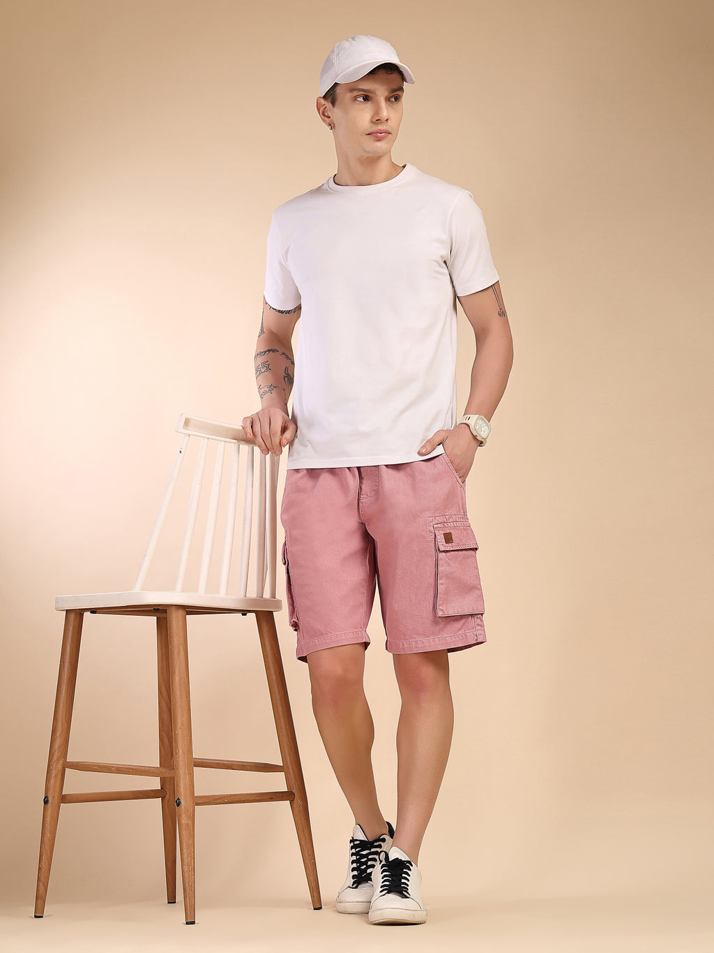 Thomas Scott Men Pink Mid-Rise Straight Fit Above Knee Cotton Woven Cargo Shorts