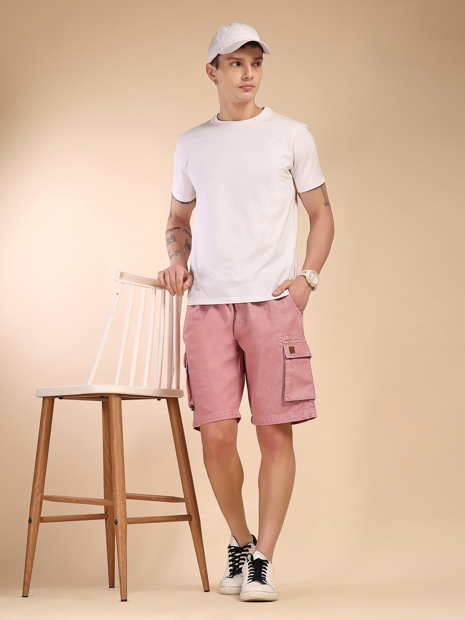 Thomas Scott Men Pink Mid-Rise Straight Fit Above Knee Cotton Woven Cargo Shorts
