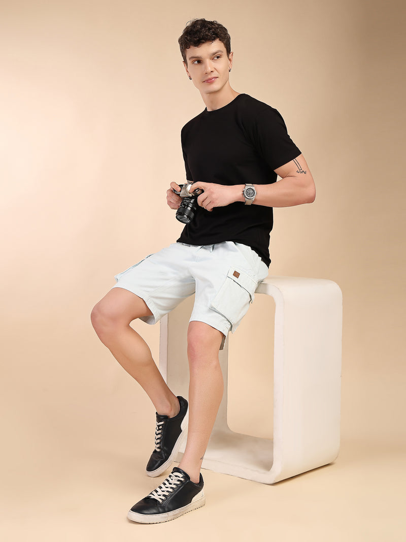 Thomas Scott Men Sky Blue Mid-Rise Straight Fit Above Knee Cotton Woven Cargo Shorts