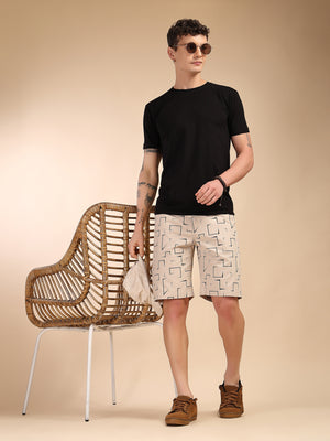 Thomas Scott Men Beige Mid-Rise Regular Fit Geometric Print Cotton Woven Chinos Shorts